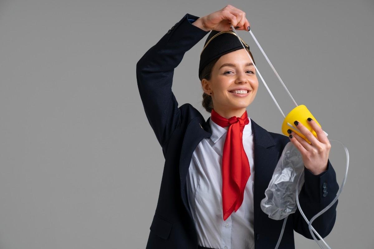A flight attendant in a navy blue uniform and red scarf smiles while holding up a yellow drop-down oxygen mask, demonstrating the safety equipment against a grey background.