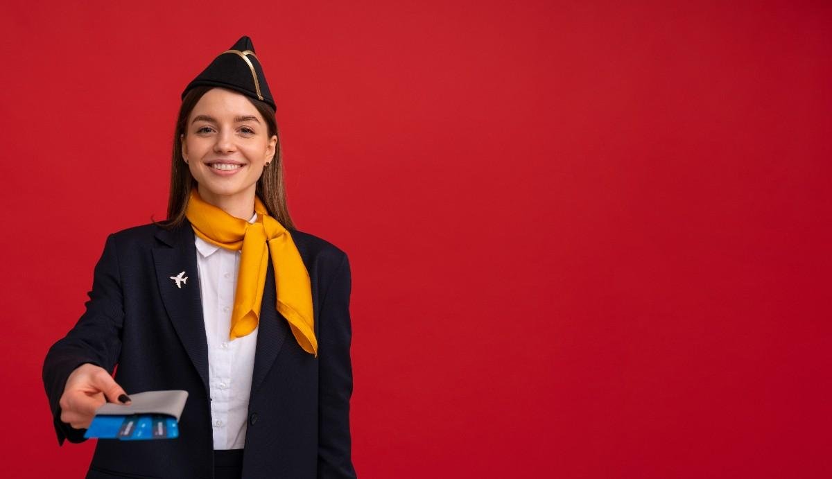 A smiling female flight attendant, wearing a navy blue uniform and a yellow scarf, extends her hand to offer a grey passport and blue airline tickets against a solid red background.