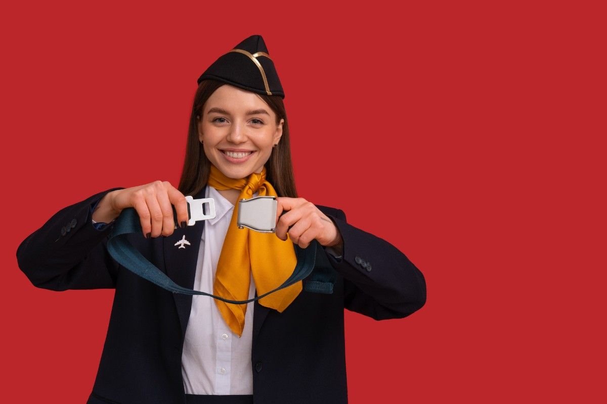 A smiling flight attendant in a navy uniform and yellow scarf holds up two ends of an airplane seatbelt, demonstrating the buckling mechanism against a red background.
