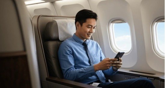 A traveler relaxes in their seat on an airplane, using their phone, wondering, What is airplane mode used for