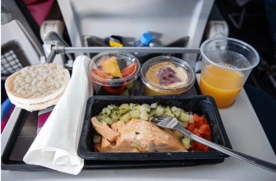 An in-flight meal with salmon, fruit, and juice, raising the question, Can I take food through airport security while traveling.